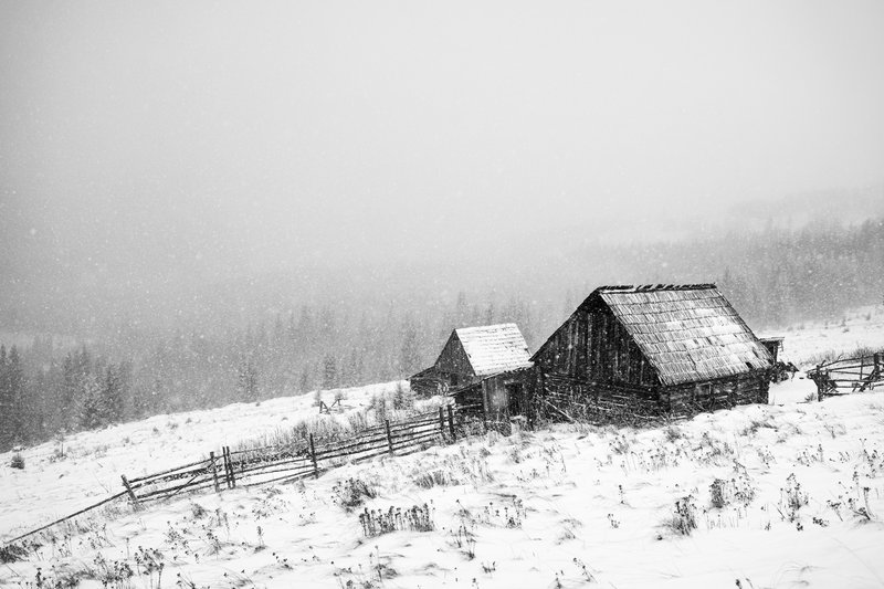 Traditional wooden house with snow-covered roof under gentle snowfall. Minimalist black-and-white composition with wooden fence in foreground. Moody atmosphere, winter rural isolation. Published on 1x.com.